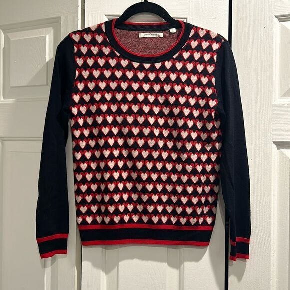 Chinti & Parker Navy/Red/White Heart Print Wool Sweater, Size Small - Picture 1 of 12
